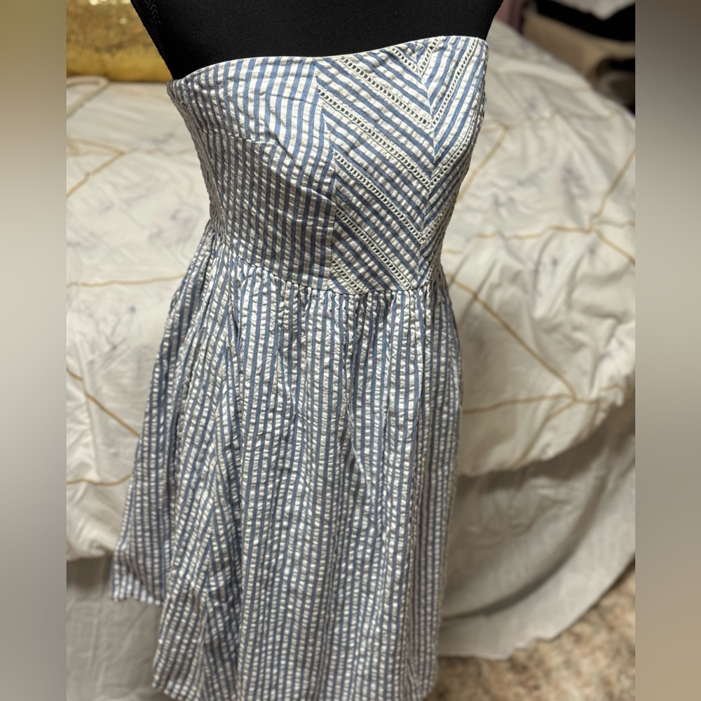 Old Navy Blue and White Strapless Seersucker Dress